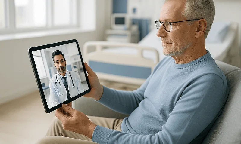 Senior man having a virtual consultation with a doctor via tablet in hospital room.