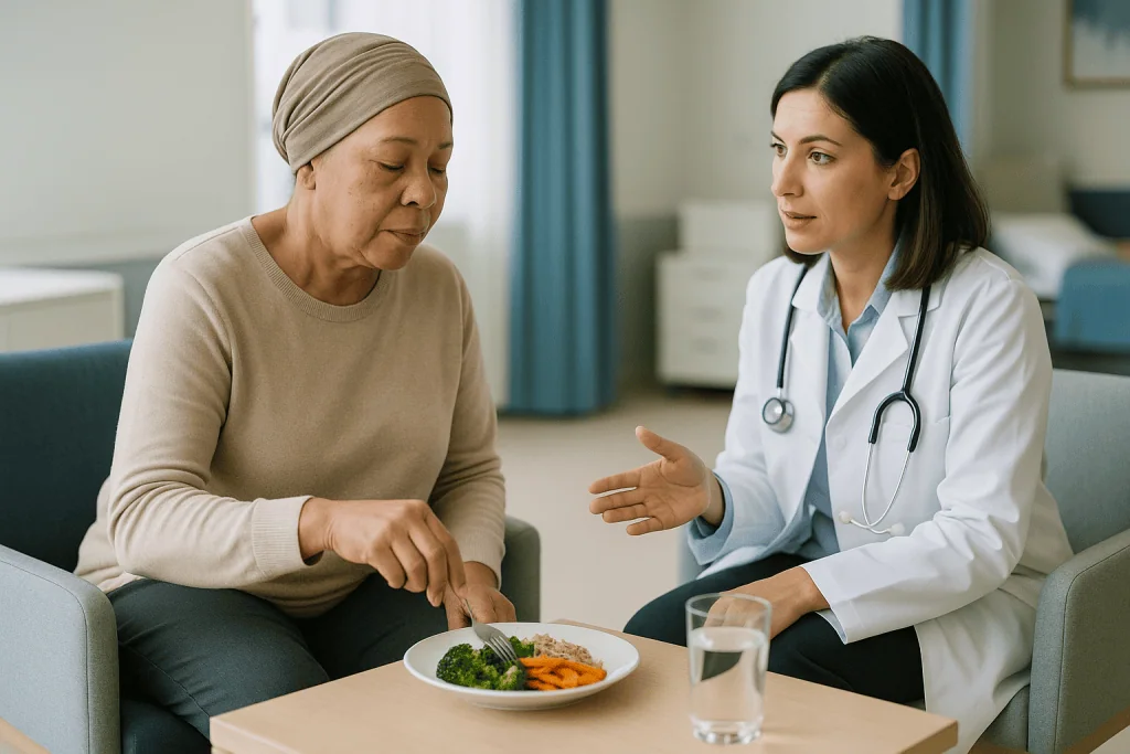 Doctor consulting patient about nutrition and healthy eating: How to plan activity between visits: pacing, not pushing