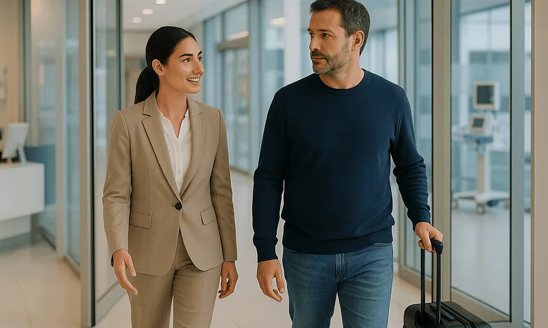 Business travelers at airport with luggage, heading to hospital transfer service.