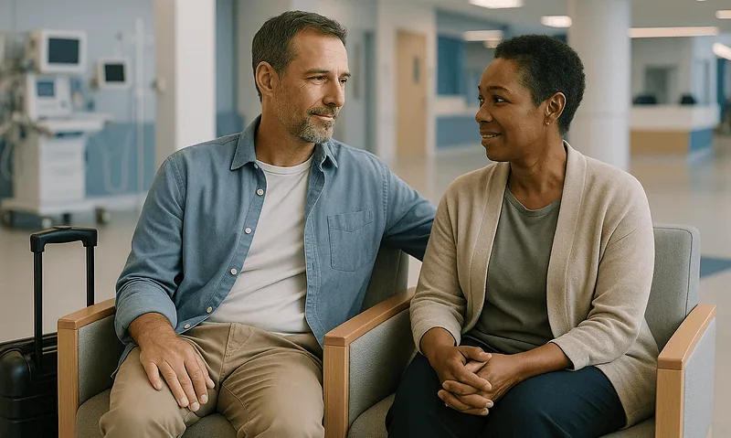 Patient and doctor discussing follow-up blood tests at hospital.