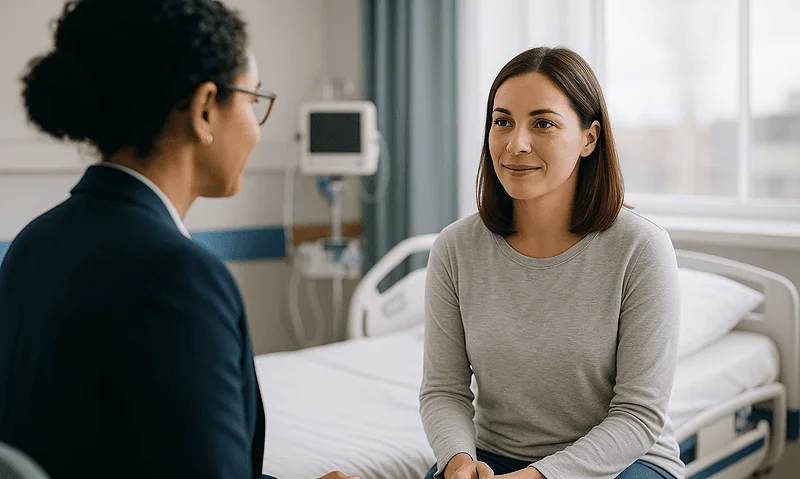 Patient consulting with doctor in hospital room in Turkey.