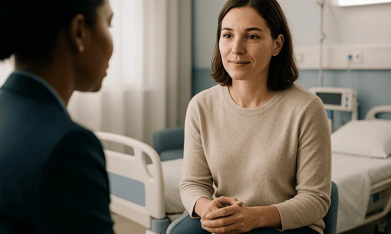 Patient consulting with doctor in hospital room at Acibadem Hospitals Group.