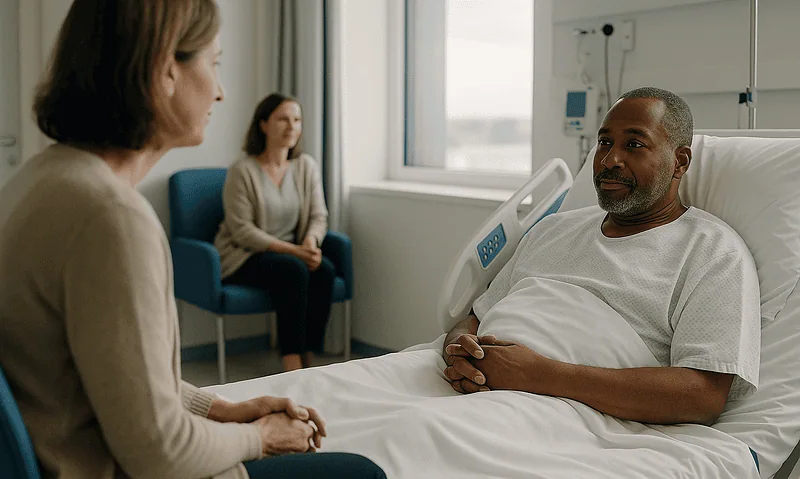 Patient and doctor having a consultation in a hospital room.