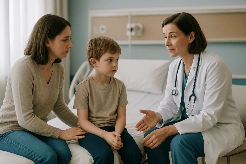 Doctor consulting with mother and young boy in hospital: How to prepare a child for surgery by age: what to say and when