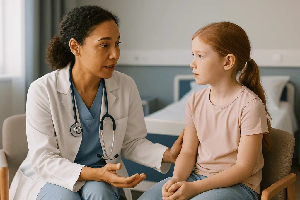 Female doctor consulting with young girl patient: How to prepare a child for surgery by age: what to say and when