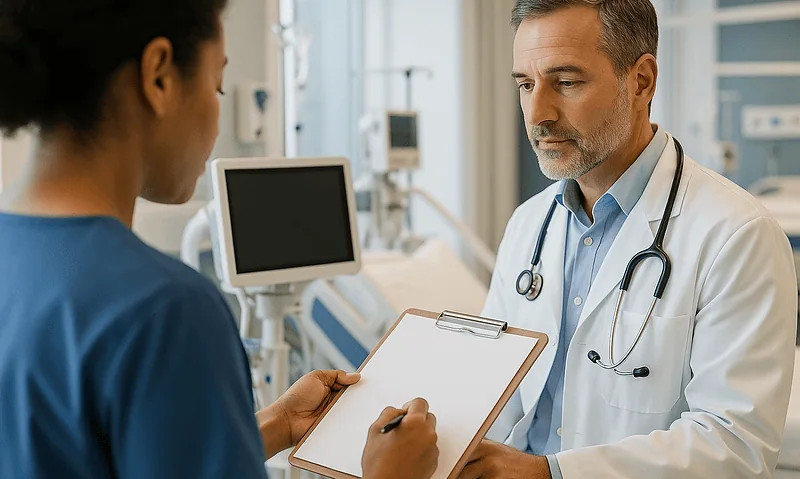 Doctor consulting with patient in hospital room with medical equipment.