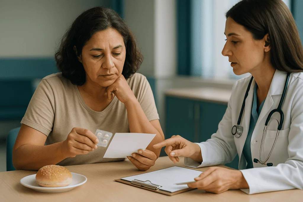 Doctor discussing medication with patient at consultation: How to prepare: fasting, medicine lists and old results