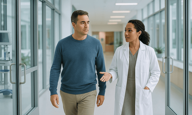 Doctor and patient walking in hospital corridor in Turkey.
