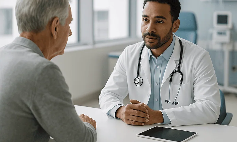 Doctor consulting with an elderly patient in a modern hospital room.