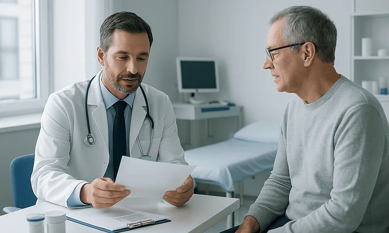 Doctor consulting with an elderly patient in a medical office.