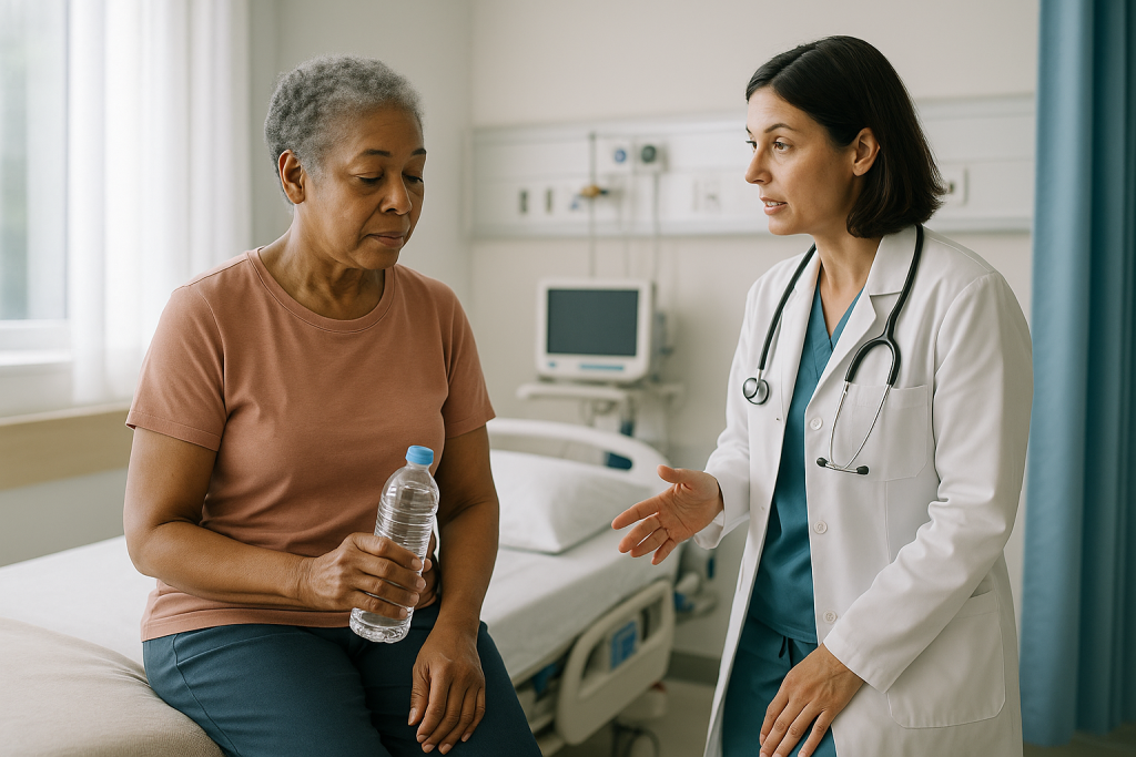 Doctor consulting with senior patient in clinical setting: How to prepare for a renal angiogram: the days and hours before