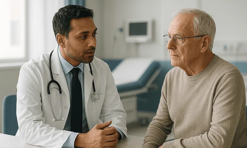 Doctor consulting with elderly patient in a hospital setting.