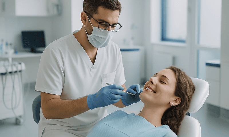 Dentist performing dental exam on a patient in a clinic setting.