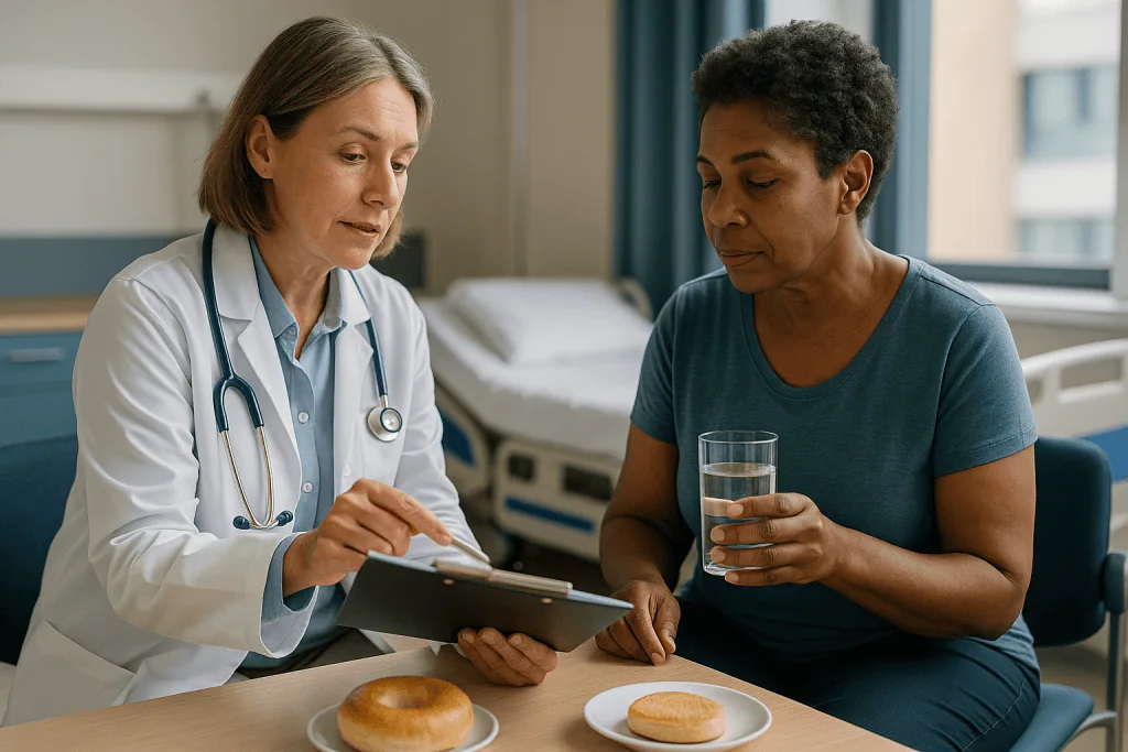 Doctor consulting patient with food and water present: How to prepare for coronary CT angiography: the day-before checklist