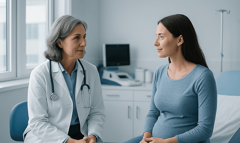 Doctor consulting with a pregnant woman in a hospital room.