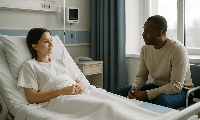 Patient and visitor having a conversation in hospital room at Acibadem Hospitals Group.