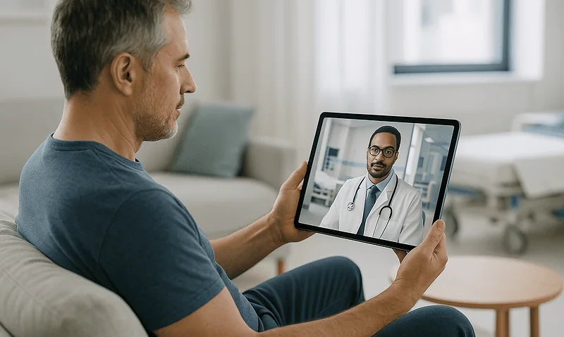 Patient consulting with a doctor via tablet in hospital room.