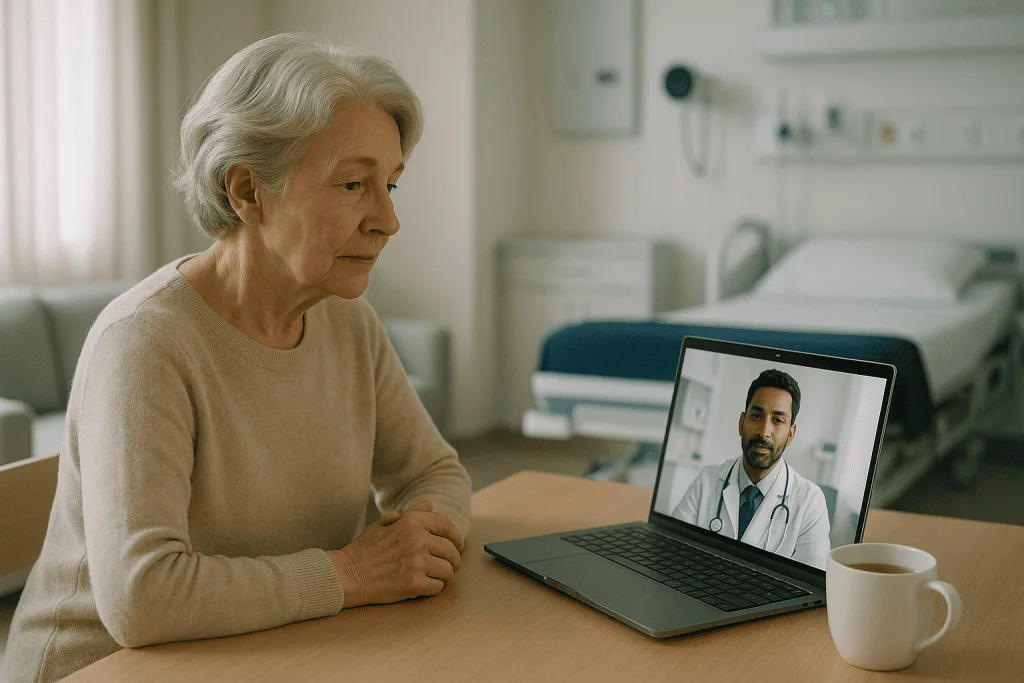 How to Prepare for Hospital Discharge in Turkey if You Are Recovering Alone 1 Elderly woman consulting with a doctor via video call in hospital room.