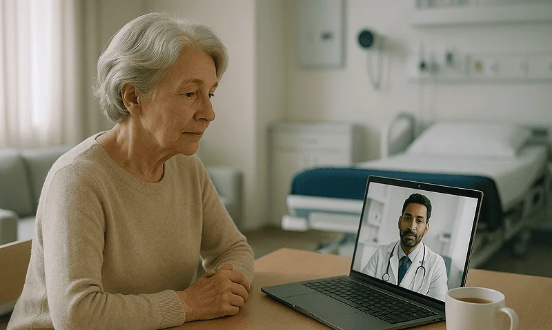 Elderly woman consulting with a doctor via video call in hospital room.