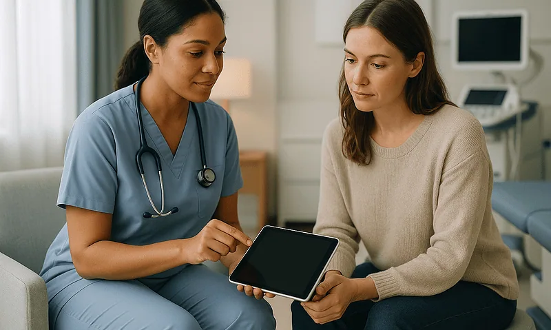 Doctor consulting with a patient in a hospital room at Acibadem Hospitals Group.