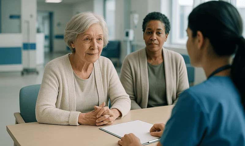 Elderly woman consulting with healthcare professionals in a hospital setting.