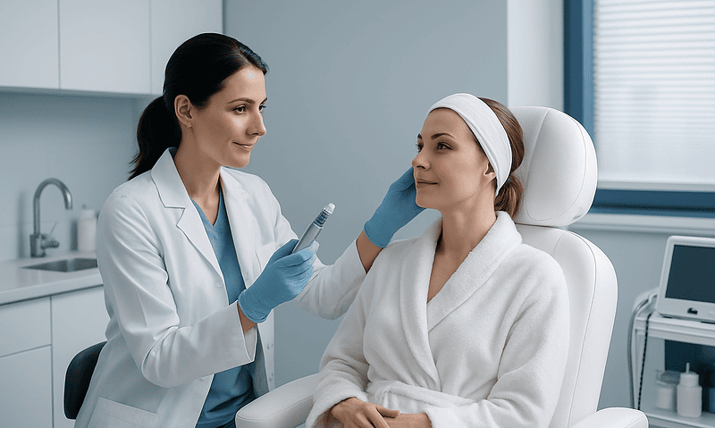 Medical professional preparing patient for skincare treatment at clinic.