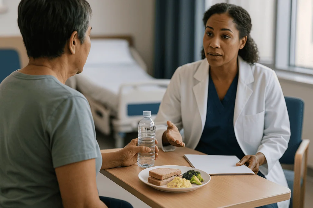 Doctor consulting patient about meal and hydration: How to prepare for plasmapheresis the day before
