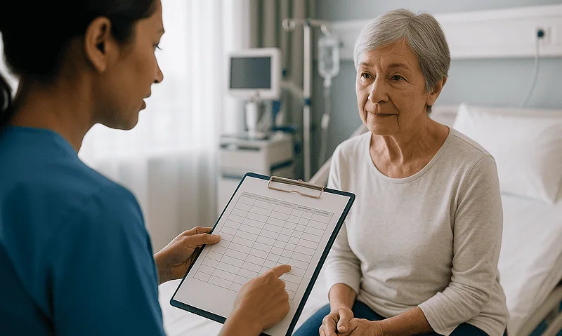 Doctor consulting with elderly patient in hospital room.
