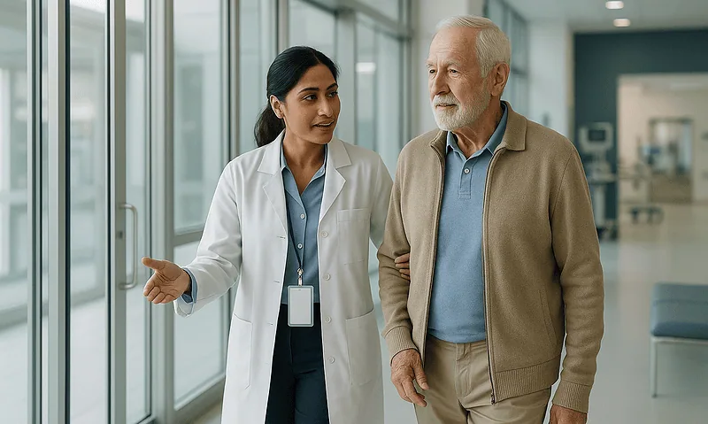 Doctor discussing treatment options with an elderly male patient in hospital corridor.