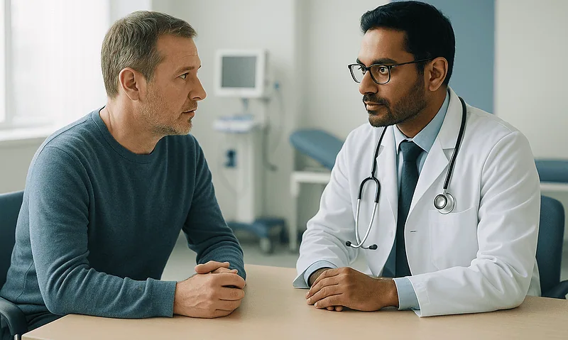 Doctor consulting with patient in a medical office setting.