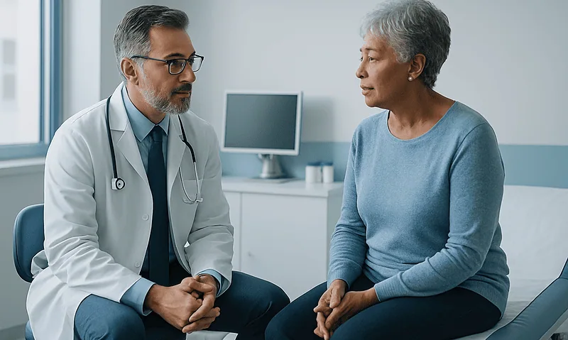 Doctor consulting with an elderly female patient in a medical office.