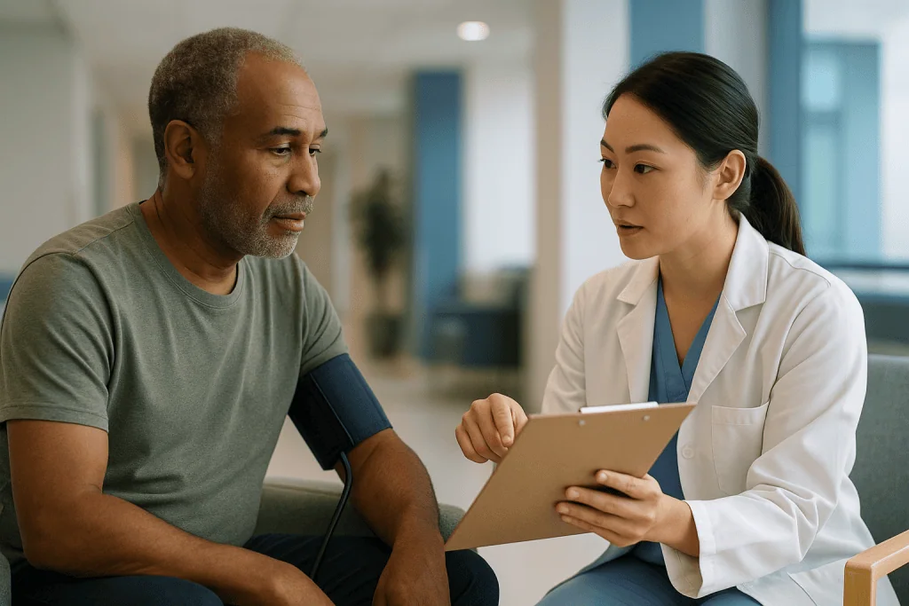 Doctor consulting patient with blood pressure monitor visible: How to read a blood pressure chart: what the two numbers mean