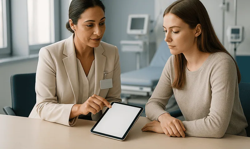 Doctor explaining medical treatment options to a patient in a hospital.