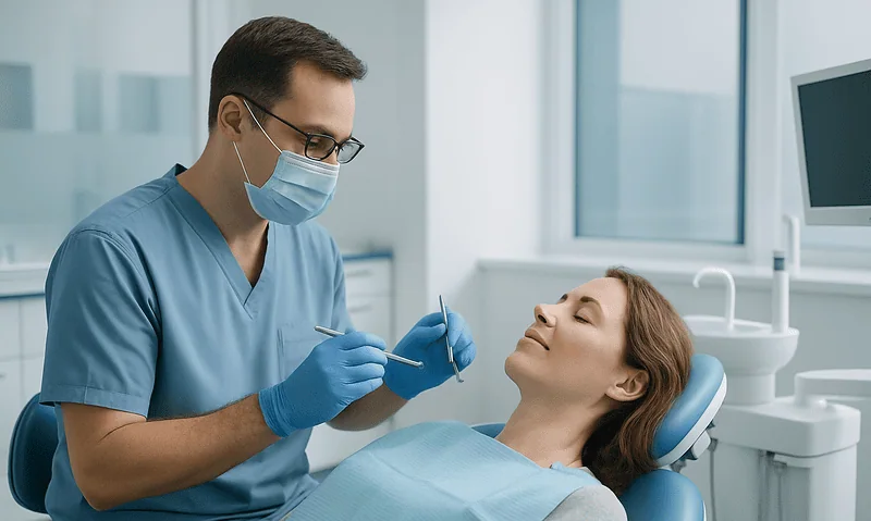 Dentist examining patient in a modern dental clinic with dental tools.