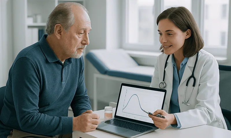 Doctor explaining urine flow test results to an elderly patient.