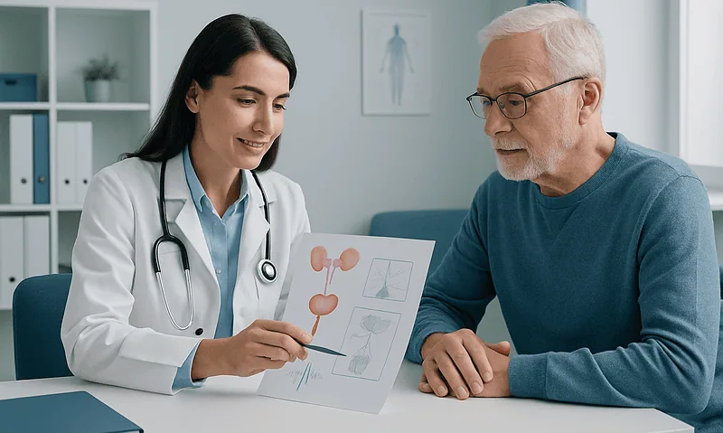Urological consultation at Acibadem Hospital with doctor and patient.