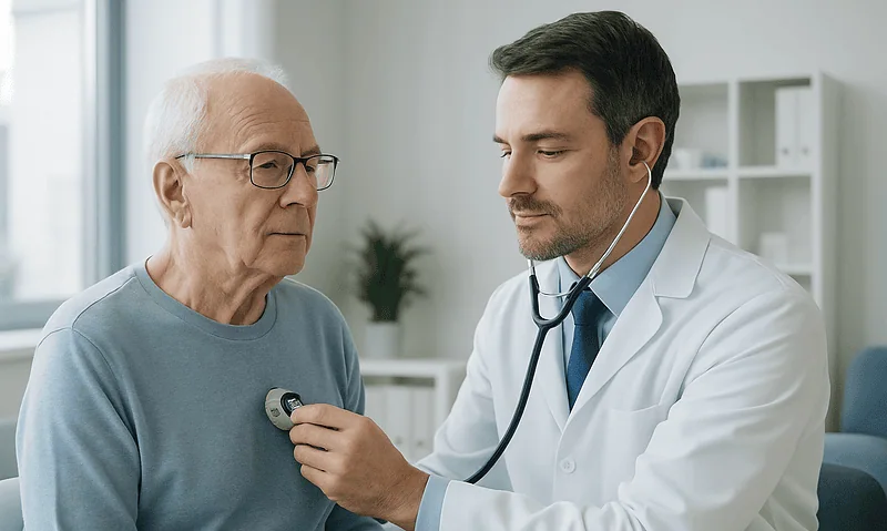 Doctor examining an elderly patient with a stethoscope in a clinical setting.