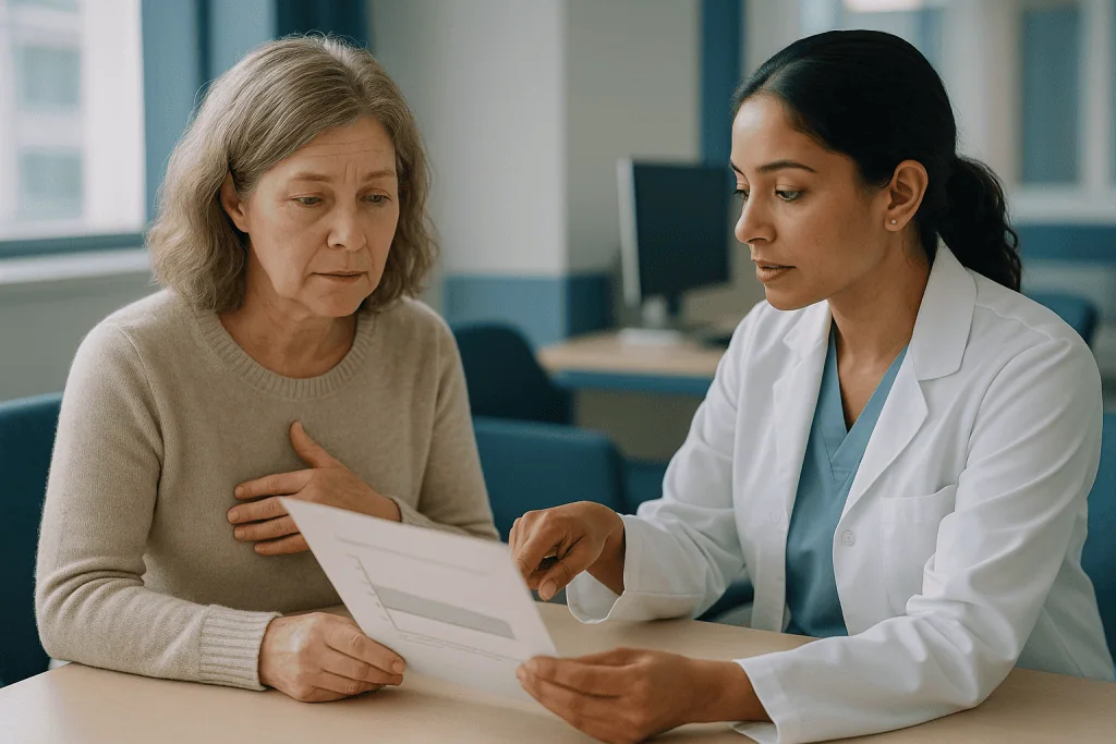 Doctor reviewing mammogram report with mature patient — How to read the density line in your mammogram report