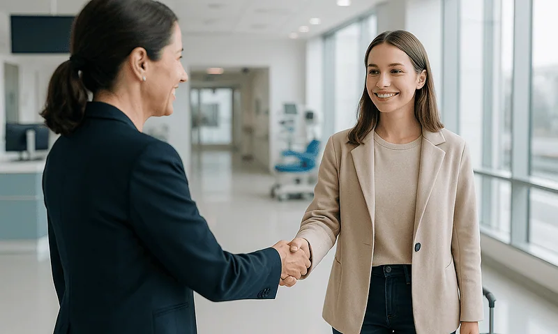 Hospital staff welcoming a patient with a handshake in a modern hospital corridor.