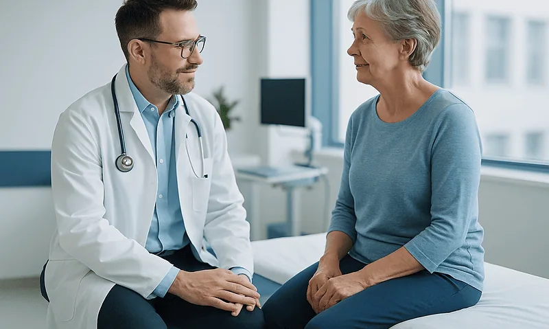 Doctor consulting with an elderly female patient in a hospital room.