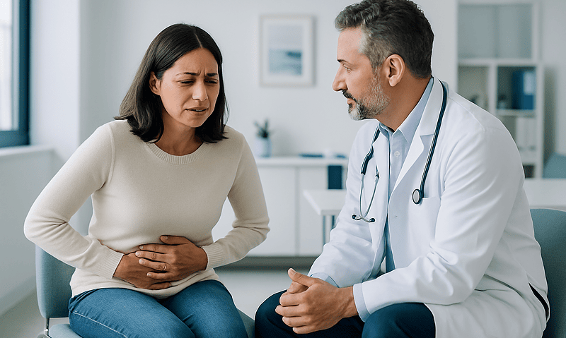 Doctor consulting with a woman experiencing abdominal pain in a medical office.