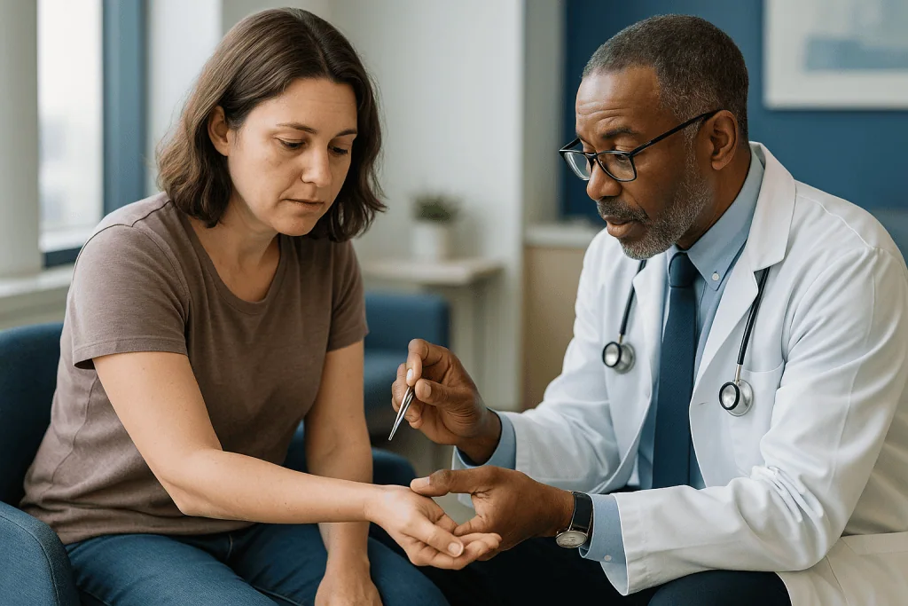 Doctor examining patient's arm during consultation: How to remove a tick without making things worse
