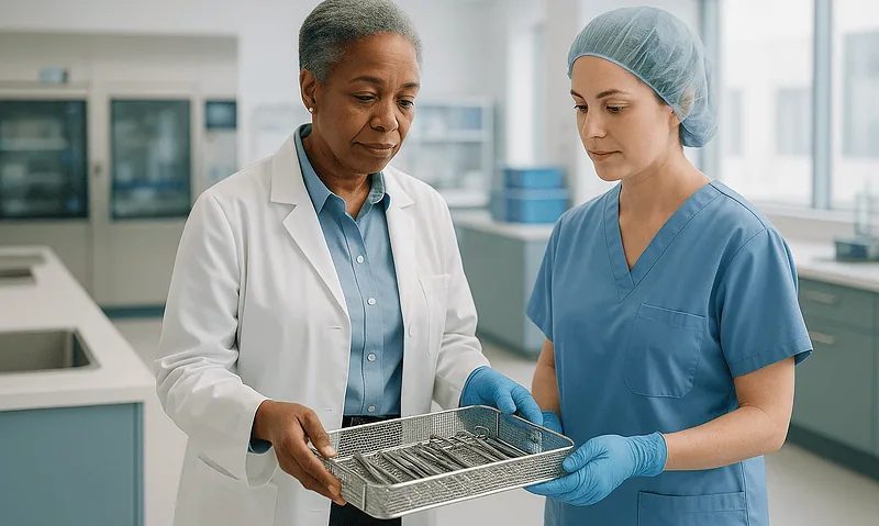 Medical professionals examining a sterile surgical instrument tray in a hospital lab.