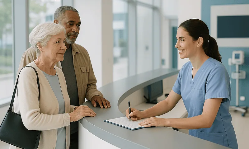 Patients consulting with a nurse at a hospital reception desk.