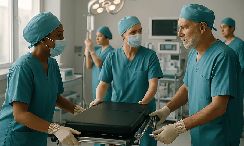 Medical team preparing for surgery in a modern hospital operating room.