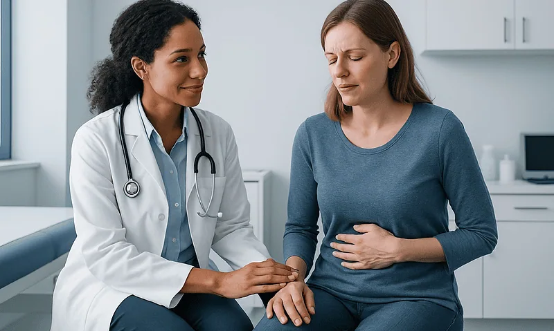 Doctor consulting with a woman experiencing stomach discomfort in a medical office.