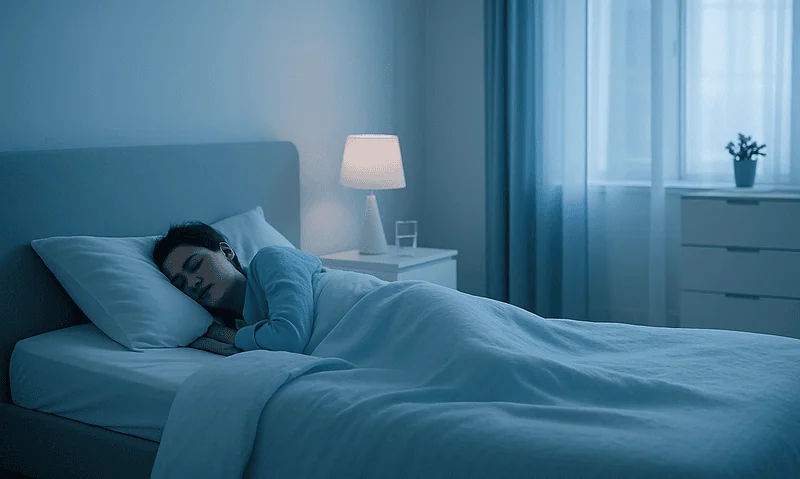 Woman sleeping peacefully in a modern bedroom with blue tones.