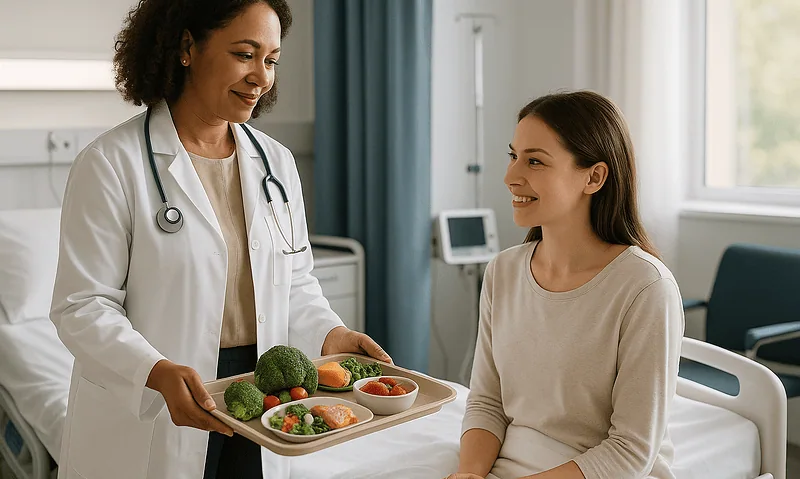 Doctor offering healthy food options to a patient in hospital room.