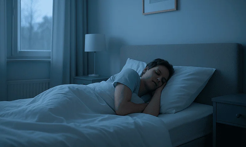 Young woman sleeping peacefully in a cozy bedroom at night.