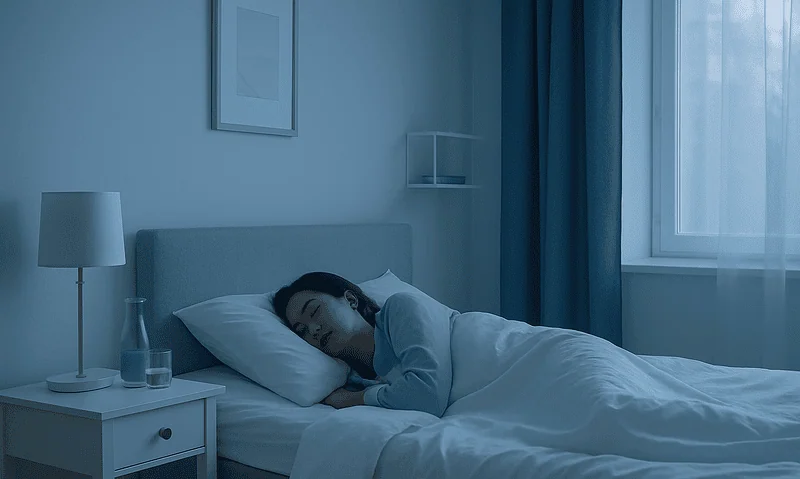 Woman sleeping peacefully in a bedroom with blue tones and natural light.